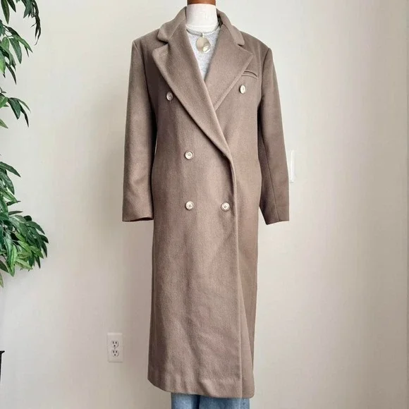 Vintage 90s 100% Wool Over Coat Taupe Tane - Picture 2 of 8
